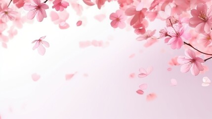 Delicate pink flower petals gracefully drift through the air, capturing a moment of serene beauty in pastel tones.