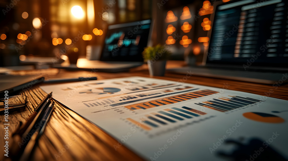 Poster business analysis with charts and graphs on a desk.