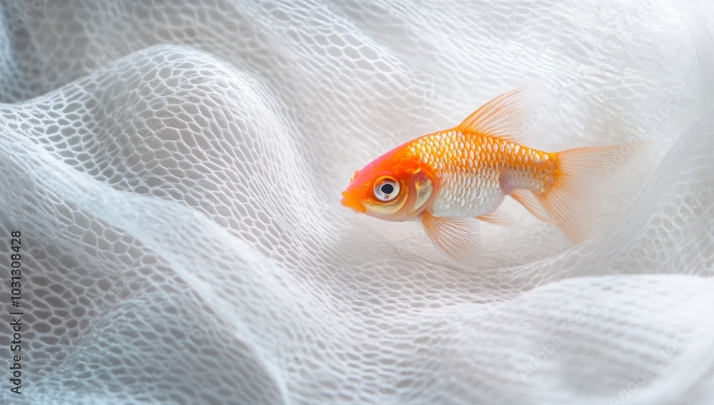 Aufkleber a single goldfish swims in a white net, creating an abstract image.
