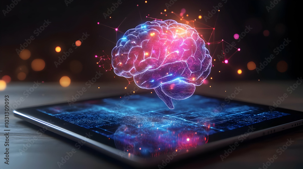 Poster a digital brain floating above a tablet, symbolizing technology and intelligence.