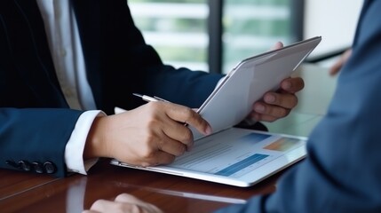 Close-up of hands holding a tablet during a professional meeting, symbolizing modern business communication and digital collaboration.