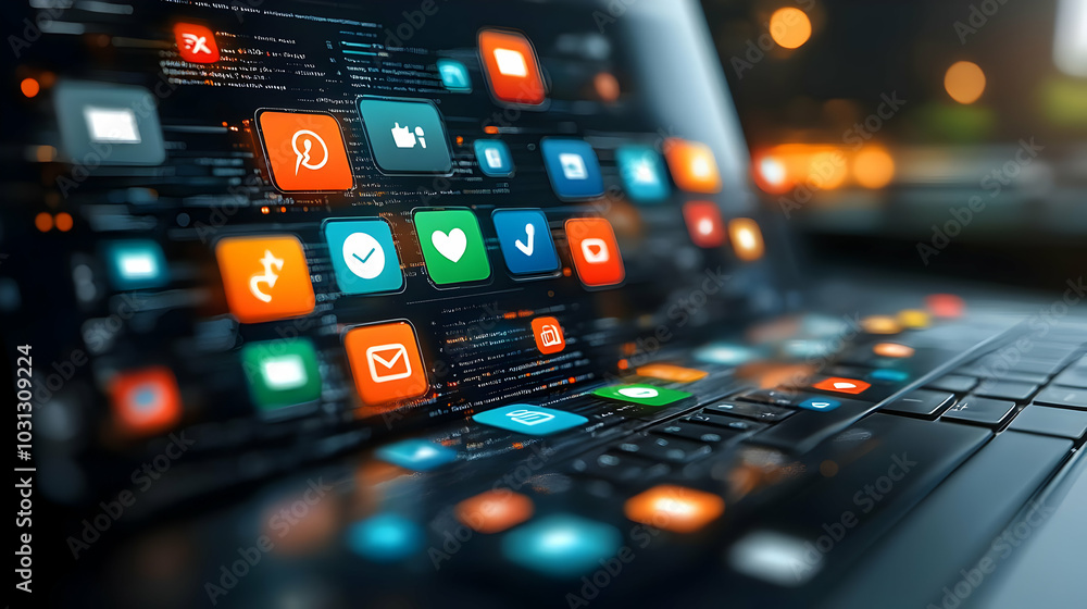 Poster laptop with colorful app icons on a digital interface.