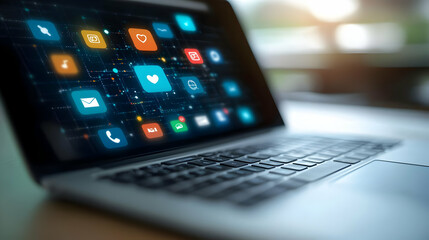 Laptop displaying social media and communication icons.