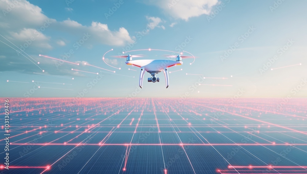 Poster a white drone flies over a field of red glowing lines, symbolizing a network or data connection.