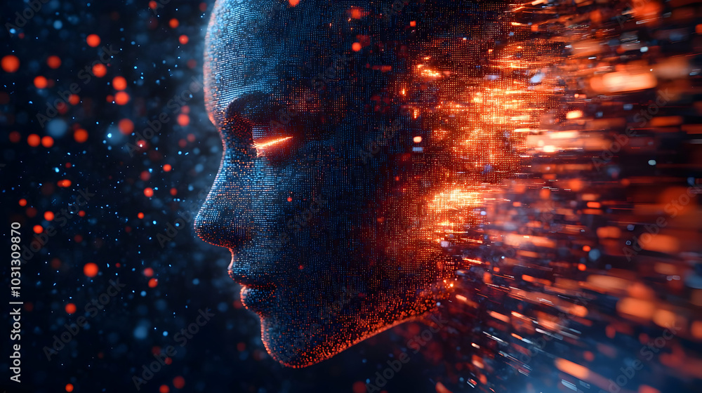 Poster abstract depiction of a face merging with dynamic particles.