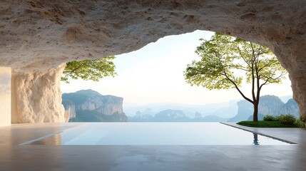 A panoramic view capturing the essence of a luxury mountain getaway, featuring a stunning infinity pool that seems to merge with the horizon, surrounded by towering mountains. The scene is bathed in