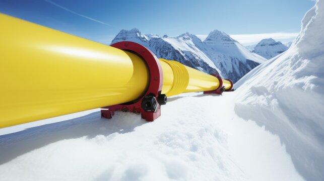A robust yellow avalanche control pipe lies on a snowy mountain, emphasizing engineering marvels that ensure safety in mountainous terrains.