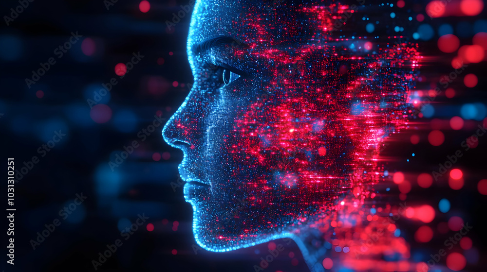 Aufkleber digital representation of a human face with glowing data particles.