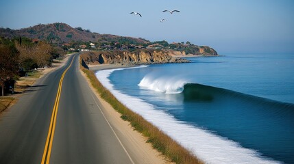 Scenic coastal view with waves, road, and birds flying above.