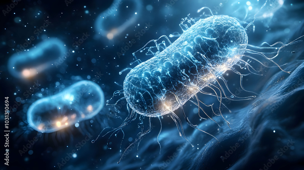 Aufkleber microscopic view of bacteria with glowing features and filaments.