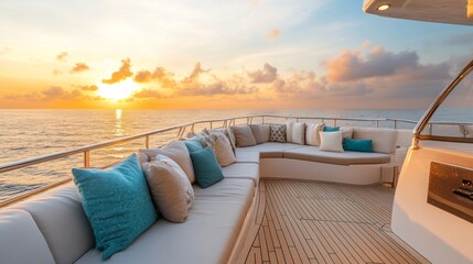 Obraz premium Luxurious yacht deck with comfortable seating and stunning ocean views at sunset