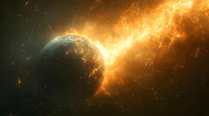 Obraz premium A fiery planet surrounded by cosmic flames and stars.