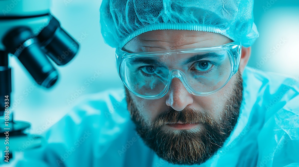 Aufkleber focused scientist analyzing samples under microscope in modern laboratory setting with bright blue l