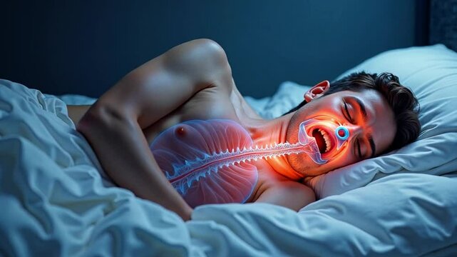 Person suffering from sleep apnea, with a cutaway showing the airway obstruction during sleep.