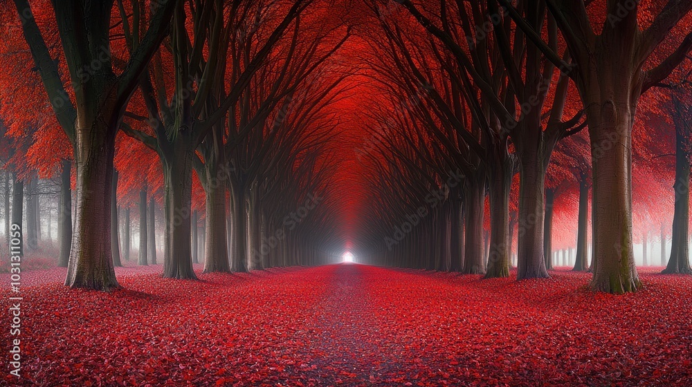 Poster A path through a forest of red trees with a bright light at the end, creating a mystical atmosphere.