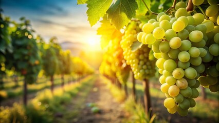 Fototapeta premium Close-up of Ripe Green Grapes in Vineyard Sunlight - Scenic Minimalist Photography