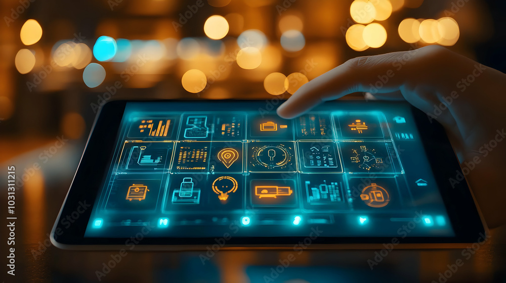 Poster a hand interacting with a digital tablet displaying various icons.
