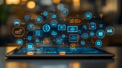 Digital tablet displaying interconnected technology icons.