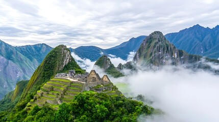 Aerial view of Machu Picchu enveloped in mist, with the Andes Mountains serving as a dramatic backdrop. The lush greenery contrasting with the ancient stone structures offers a sense of mystery and - Powered by Adobe