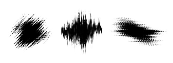 Glitch halftone line element set. Dot texture geometric form collection. Grunge abstract comic pop art shapes for banner, poster, collage, overlay, label, tag. Distressed distorted vector pack