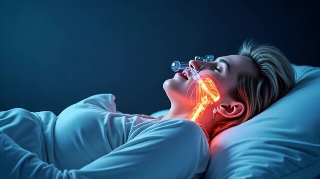 Person suffering from sleep apnea, with a cutaway showing the airway obstruction during sleep.