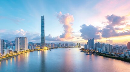 Naklejka premium A panoramic view of a city skyline at sunset, showcasing tall skyscrapers illuminated by warm golden light. The foreground features a river reflecting the vibrant colors of the sky, while the