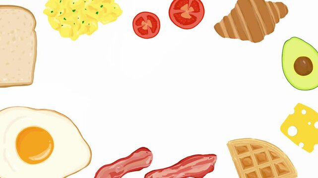 Frame of breakfast foods. Bread, toast, waffle, fried egg, bacon, croissant, tomato. Animated horizontal loop video. Hand drawn illustration. Copy space.	