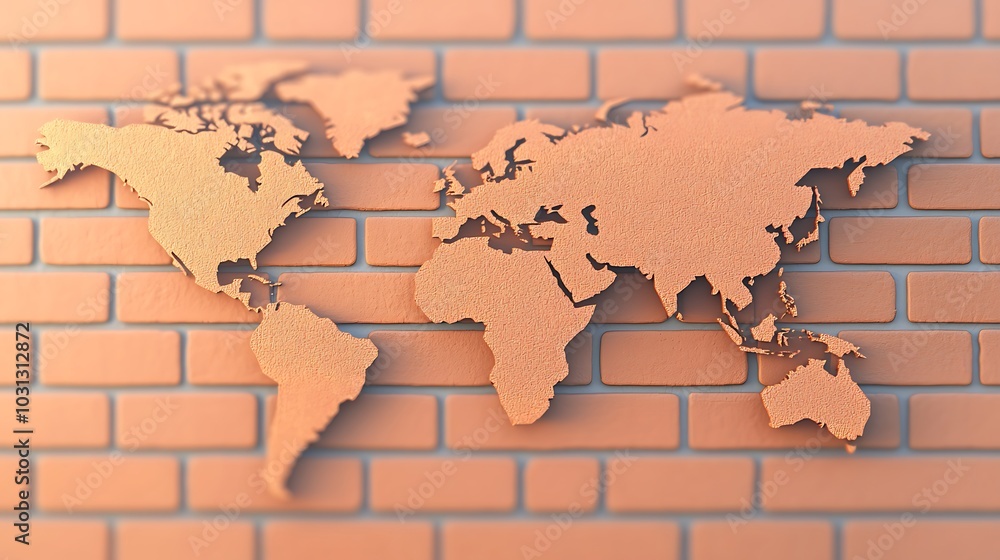 Poster exploring the global landscape a creative representation of the world map on a textured brick backgr