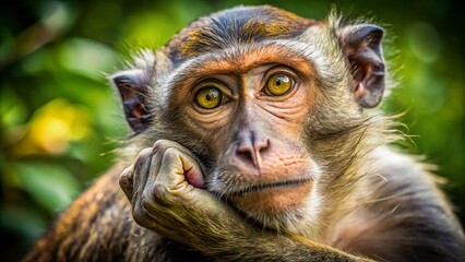 Close-Up Portrait of a Thoughtful Monkey in Natural Habitat