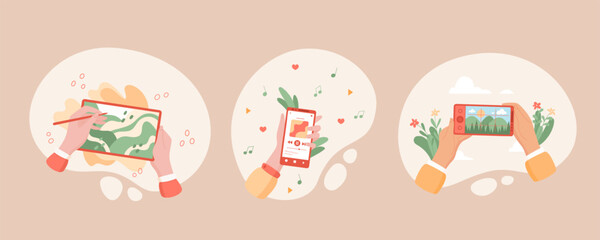 Hands hold mobile phones displaying app screens in a digital media cartoon graphic style. Smartphone set with flat design showcasing various applications. Ideal for illustrating online media.