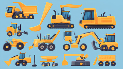 An illustration showcasing a collection of yellow construction vehicles with various functions, including excavators, loaders, and dump trucks.