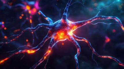 3d illustration of a neuron cell firing a signal, intricate axons and dendrites glowing in vibrant colors, showcasing complex brain activity with a scientific flair, set against a dark background