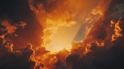 a breathtaking photograph of clouds parting in the sky, rich orange hues spilling through, creating a dramatic sunset scene that inspires awe and tranquility