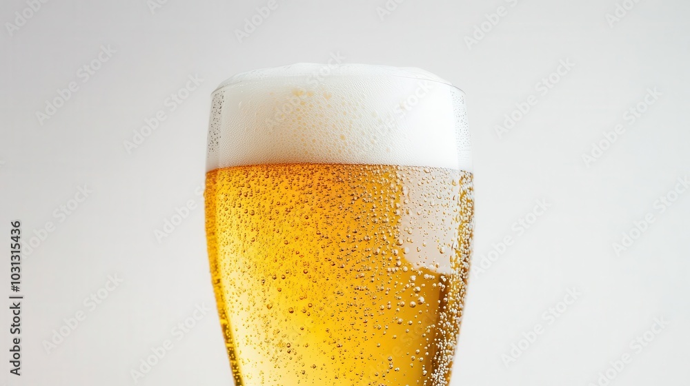 Poster a chilled glass of beer adorned with frothy foam and bubbles captured against a clean white backgrou