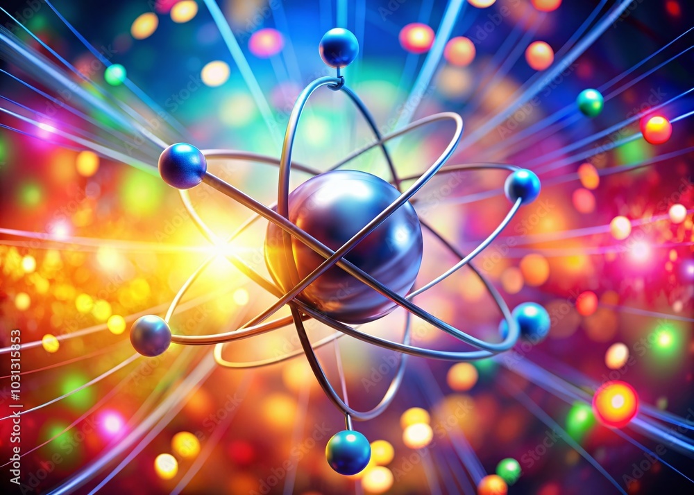 Aufkleber colorful atom nuclear particle with electron orbit - bokeh effect in physics background