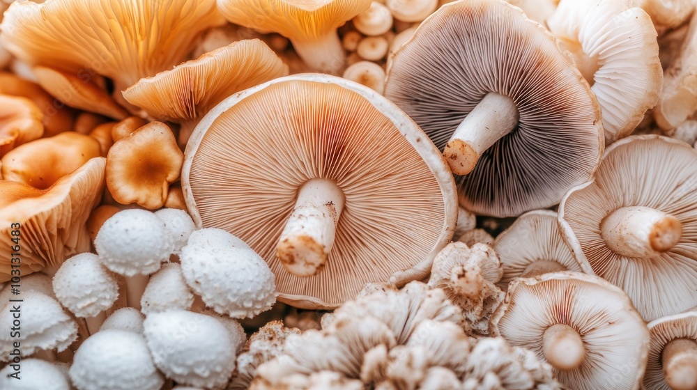 Poster a close-up image of a collection of various types of mushrooms.