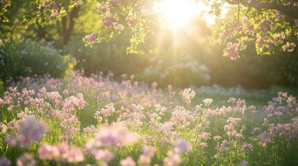 Obraz premium a picturesque wildflower meadow bursting with pink blossoms, bathed in morning sunlight, creating an idyllic spring scene with lilac bushes in bloom