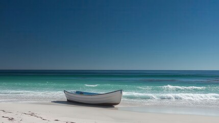 a serene boat anchored on a tranquil beach, surrounded by gentle waves, soft sand, and a clear blue sky, creating a peaceful getaway that invites relaxation and exploration