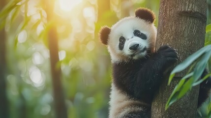 Baby panda climbing a bamboo tree, soft lighting highlighting its fur, Panda, Cuteness and conservation awareness