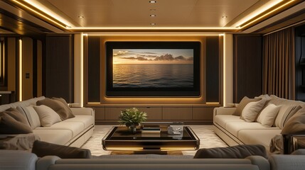 a spacious, elegantly designed living room featuring a large flat-screen tv mounted on the wall, with stylish furniture and warm lighting creating a cozy yet sophisticated atmosphere