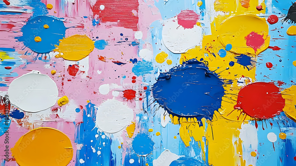 Poster abstract painting with vibrant colors and circular patterns.
