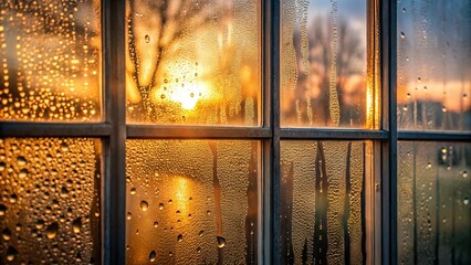 A symphony of golden hues paints the panes of a window, each droplet of condensation a tiny lens refracting the fading light of the day.