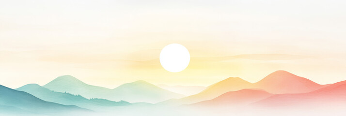 A serene landscape painting with a soft, hazy sunrise over the mountains.