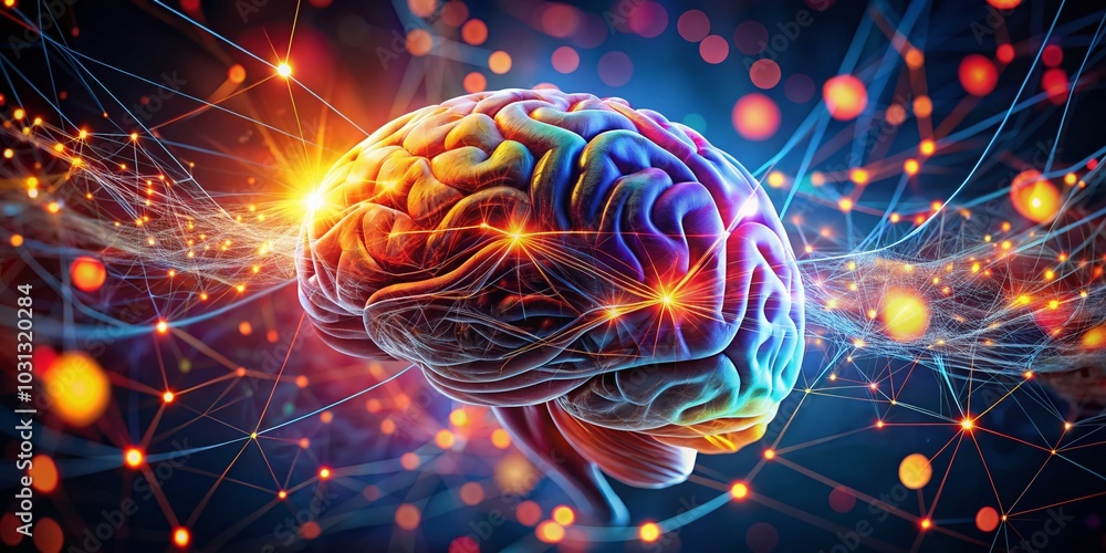 Poster colorful glowing brain with red and orange lines - abstract neural network visualization