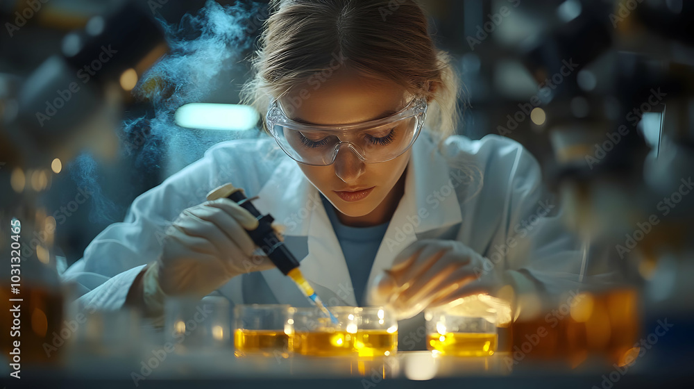 Poster scientist conducting experiments in a laboratory with pipette.