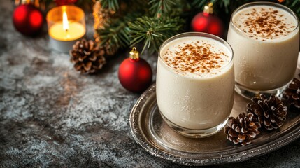 Two festive glasses of creamy eggnog are served on a silver tray, surrounded by pinecones and Christmas ornaments, evoking a cozy holiday atmosphere.
