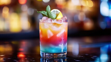 a vibrant mix of multicolored fruit cocktails garnished with ice, lemon, and mint, set against a lively bar backdrop, embodying the spirit of celebration and refreshment at a vibrant nightlife venue