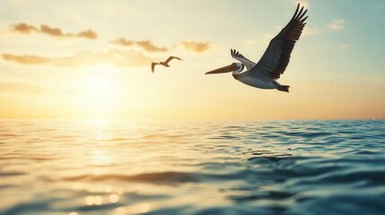 Pelicans gliding above the ocean, sunlight reflecting off their wings, Pelican, Flight and freedom over water