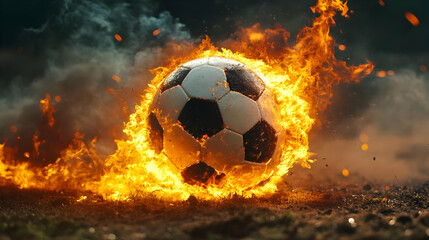 Fototapeta premium A flaming soccer ball surrounded by fire on a dark background.