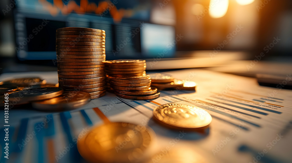 Poster stacked coins on financial documents with graphs and charts.